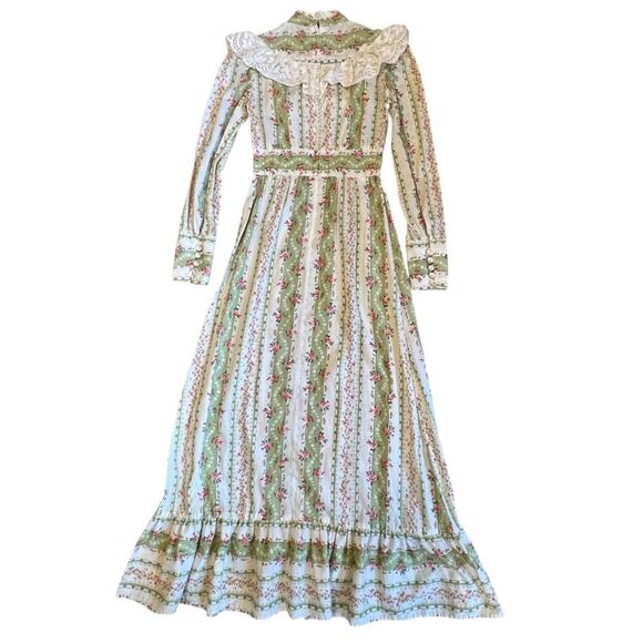 Vintage 1970s Vicki Vaughn Promenade XS Green Floral Prairie Ruffle Maxi Dress - Picture 8 of 16
